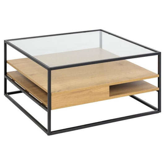 Andolf Coffee Table – Natural MDF with Steel & Glass Top, 80×80×40 cm