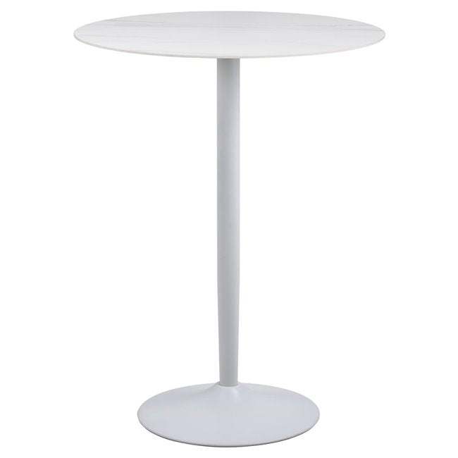 Alta Bar Table – White Marble Look Ceramic & Steel, D80×H105 cm