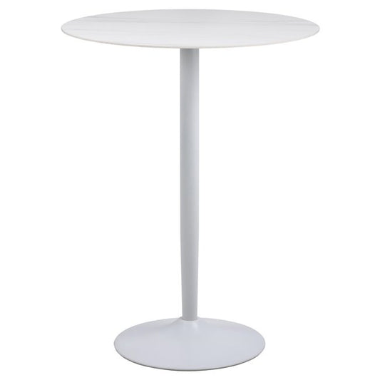 Alta Bar Table – White Marble Look Ceramic & Steel, D80×H105 cm