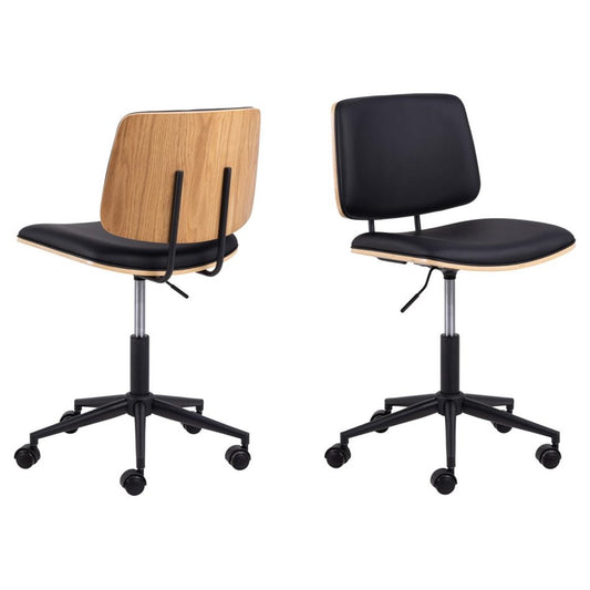 Aven Adjustable Office Chair – Black Eco Leather & Natural Wood, Scandinavian Modern Design