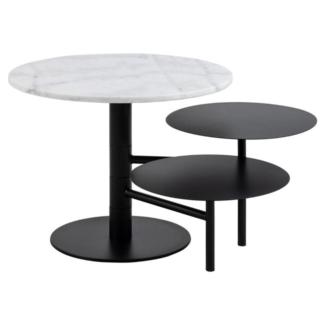 Ahti Rotatable Coffee Table – White Marble Top & Black Metal Base, Ø60×47 cm