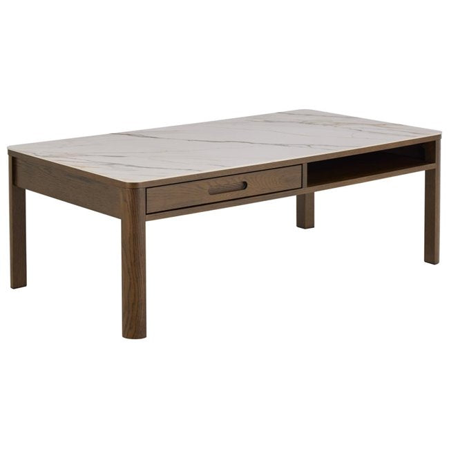 Authamp Coffee Table – Brown/Beige Marble Look, MDF & Oak Veneer, 130×70×45 cm