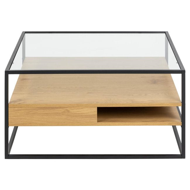 Andolf Coffee Table – Natural MDF with Steel & Glass Top, 80×80×40 cm