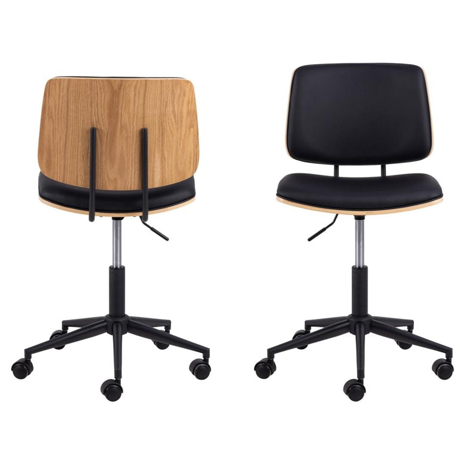 Aven Adjustable Office Chair – Black Eco Leather & Natural Wood, Scandinavian Modern Design