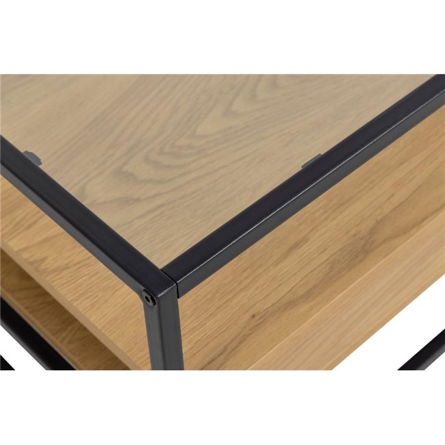 Andolf Coffee Table – Natural MDF with Steel & Glass Top, 80×80×40 cm