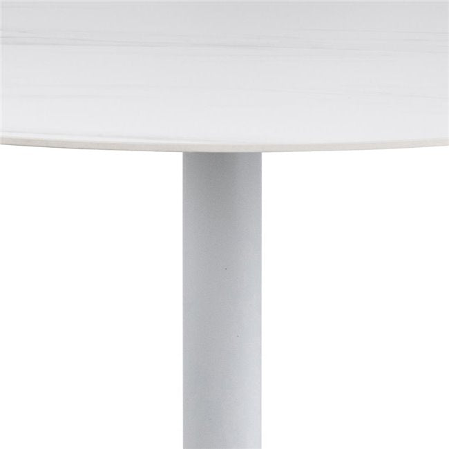Alta Bar Table – White Marble Look Ceramic & Steel, D80×H105 cm