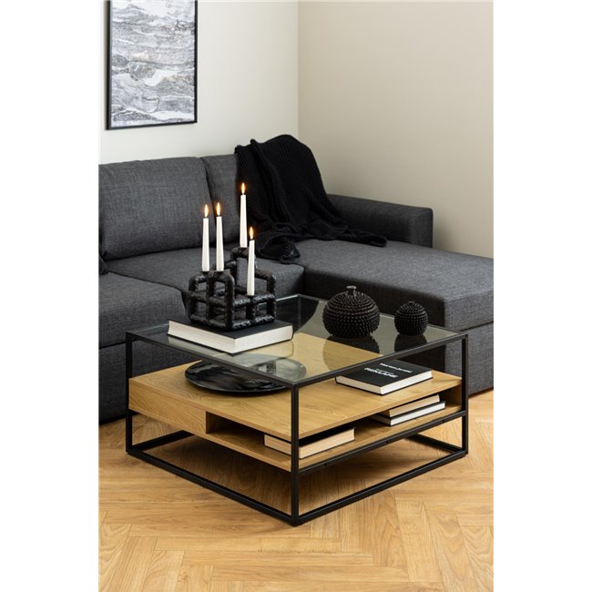 Andolf Coffee Table – Natural MDF with Steel & Glass Top, 80×80×40 cm