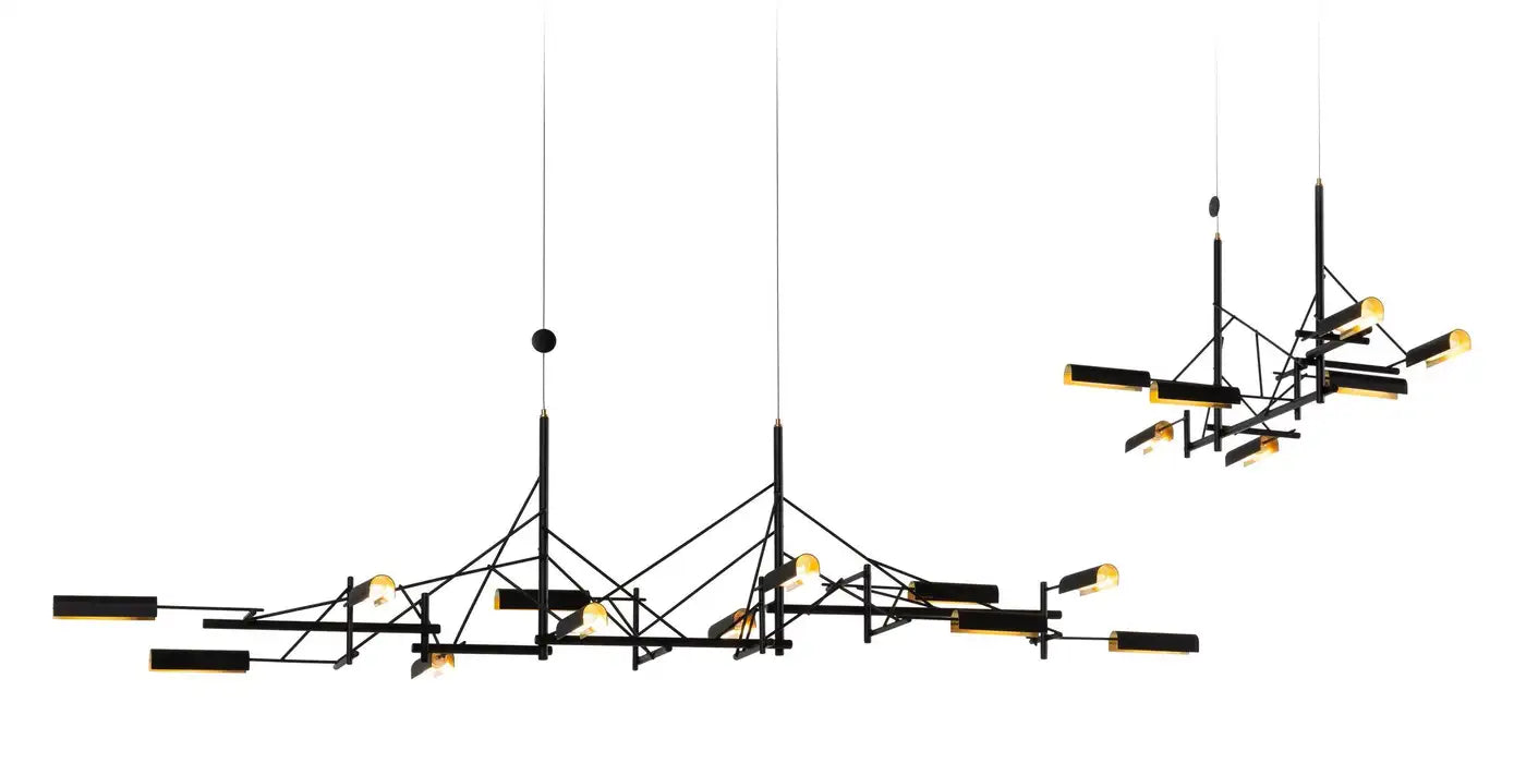 85 LED Suspension Lamp in Black Metal Frame with Brass Shades