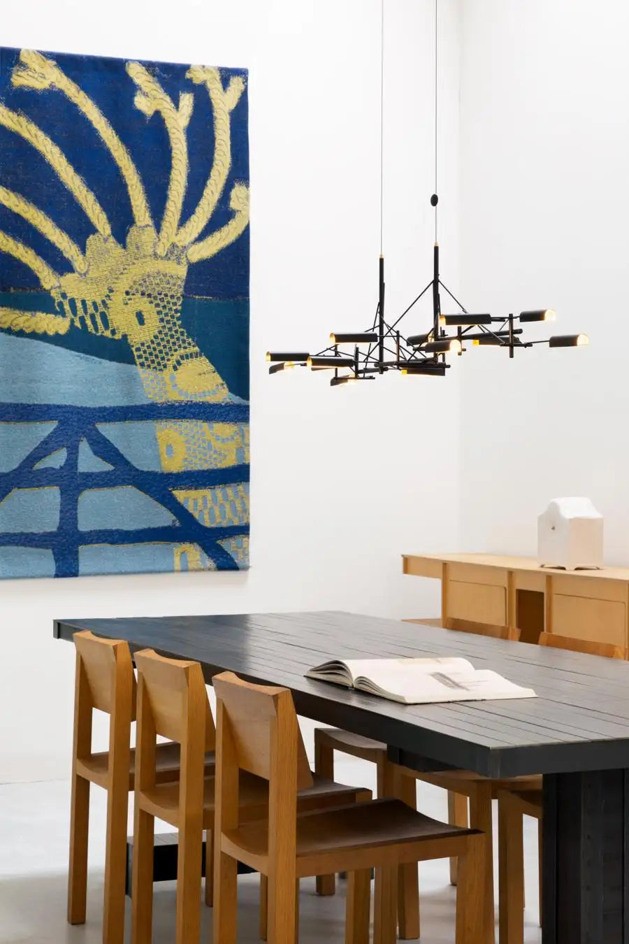 85 LED Suspension Lamp in Black Metal Frame with Brass Shades