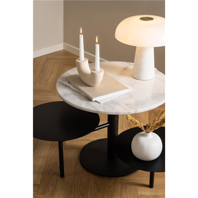 Ahti Rotatable Coffee Table – White Marble Top & Black Metal Base, Ø60×47 cm