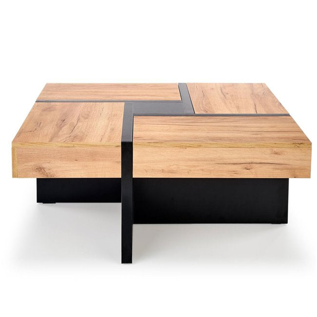 Hevilla Coffee Table – Oak Pattern & Black Chipboard, 100×100×47 cm