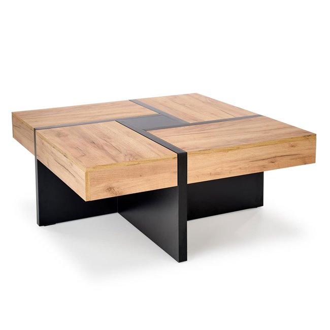 Hevilla Coffee Table – Oak Pattern & Black Chipboard, 100×100×47 cm