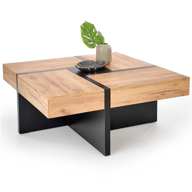 Hevilla Coffee Table – Oak Pattern & Black Chipboard, 100×100×47 cm