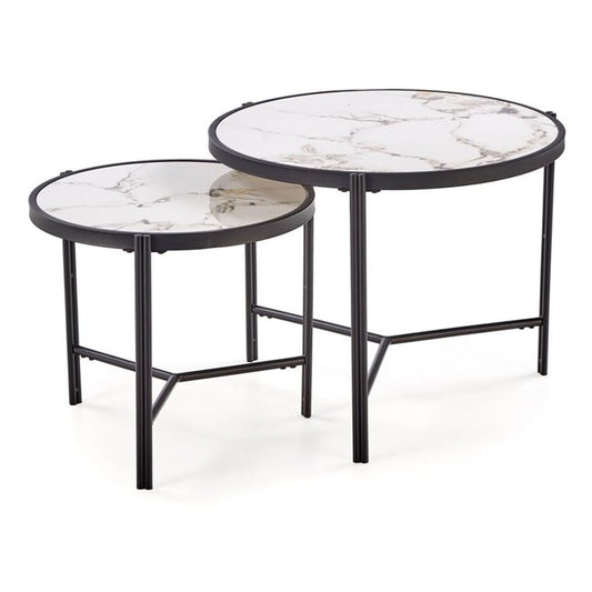 Hatima Coffee Table Set – White Marble & Black Sintered Stone, Ø63×50 cm / Ø48×43 cm