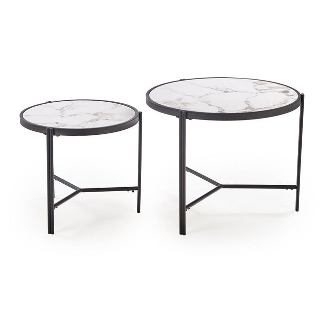 Hatima Coffee Table Set – White Marble & Black Sintered Stone, Ø63×50 cm / Ø48×43 cm