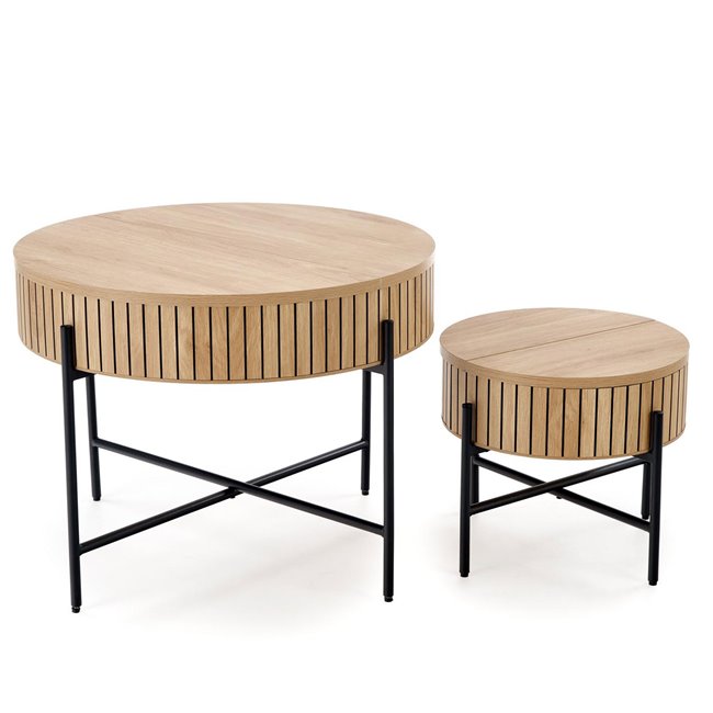 Hante Coffee Table Set with Storage – Natural & Black, Ø67×50 cm / Ø36×40 cm