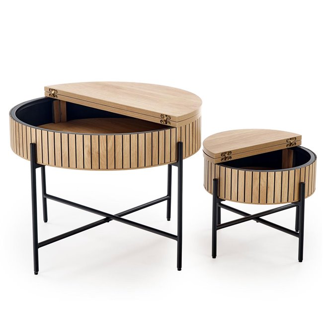 Hante Coffee Table Set with Storage – Natural & Black, Ø67×50 cm / Ø36×40 cm