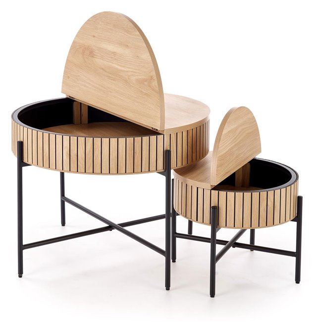 Hante Coffee Table Set with Storage – Natural & Black, Ø67×50 cm / Ø36×40 cm