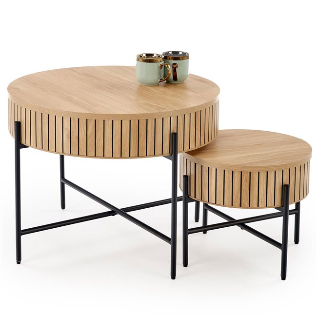 Hante Coffee Table Set with Storage – Natural & Black, Ø67×50 cm / Ø36×40 cm