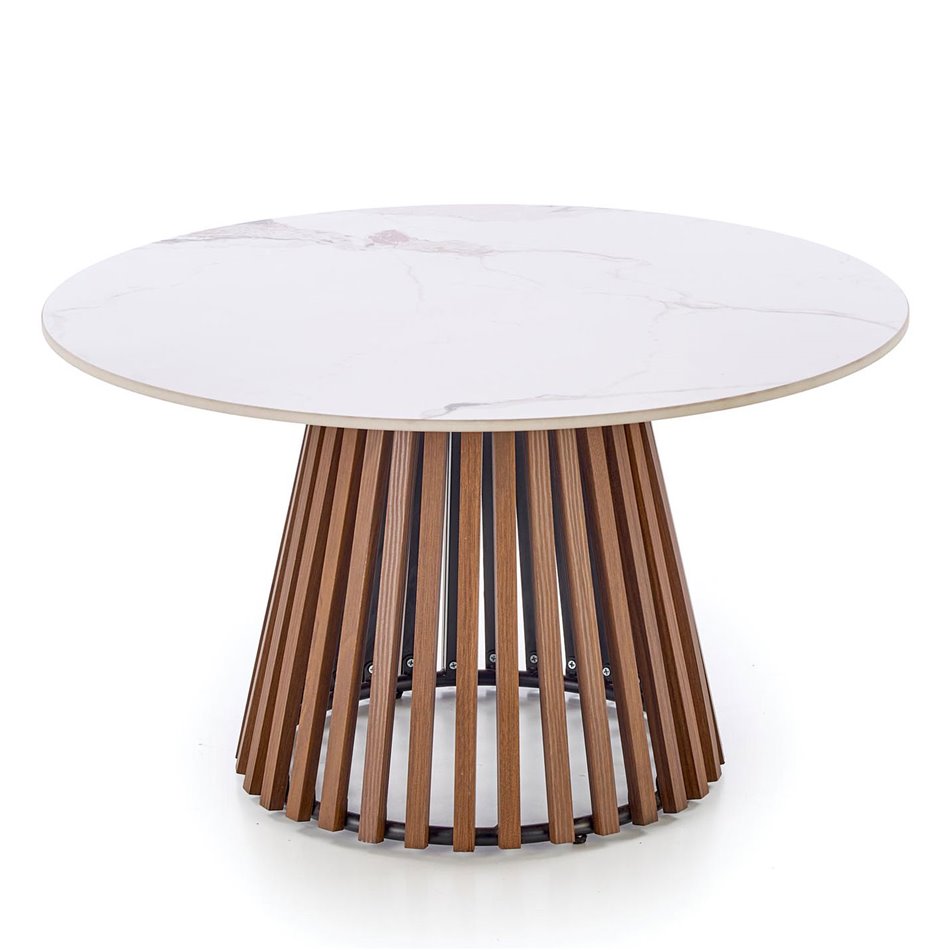 Harina Coffee Table – Beige Marble & Walnut Sintered Stone, Ø80×46 cm