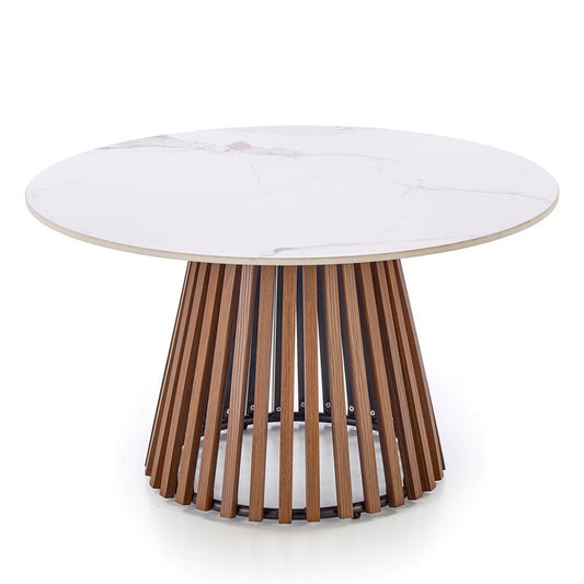 Harina Coffee Table – Beige Marble & Walnut Sintered Stone, Ø80×46 cm