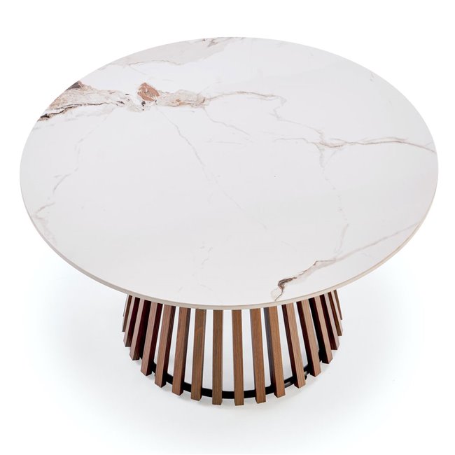 Harina Coffee Table – Beige Marble & Walnut Sintered Stone, Ø80×46 cm