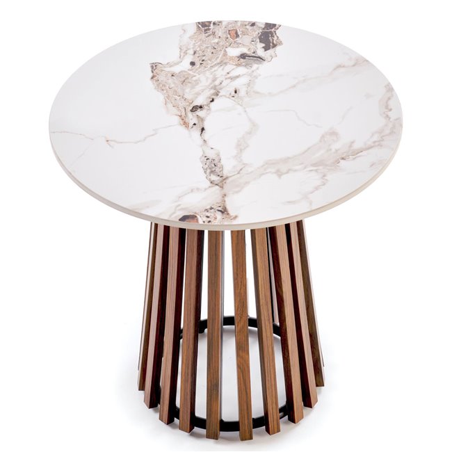 Harina Coffee Table – Beige Marble & Walnut Sintered Stone, Ø50×51 cm