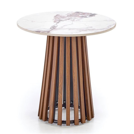 Harina Coffee Table – Beige Marble & Walnut Sintered Stone, Ø50×51 cm