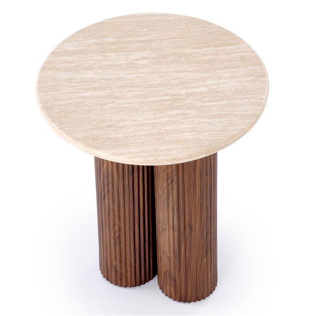 Horotea S Coffee Table – Travertine & Walnut MDF, Ø50×56 cm