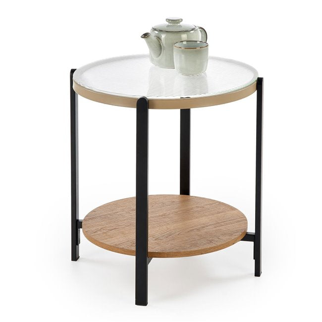 Hamala S Coffee Table – Natural & Black MDF with Steel and Glass, Ø53×55 cm