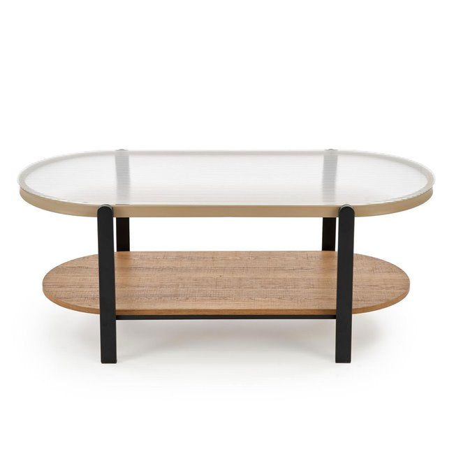Hamala Coffee Table – Natural & Black MDF with Steel and Glass, 110×54×43 cm