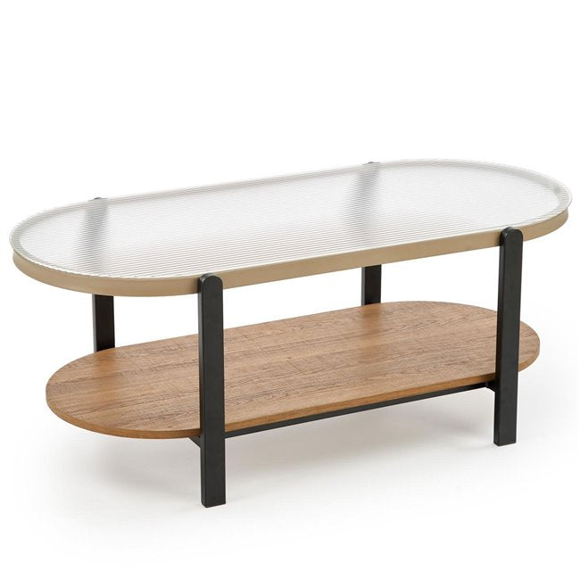 Hamala Coffee Table – Natural & Black MDF with Steel and Glass, 110×54×43 cm