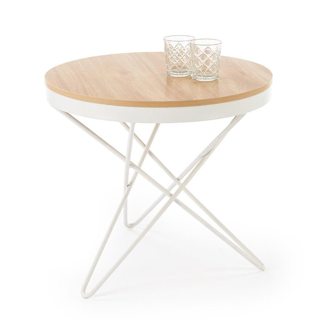 Heila Coffee Table – Natural & White MDF with Steel, Ø60×55 cm