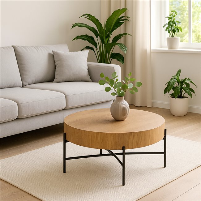 Haroklyn Coffee Table – Natural Oak & Black MDF with Steel Base