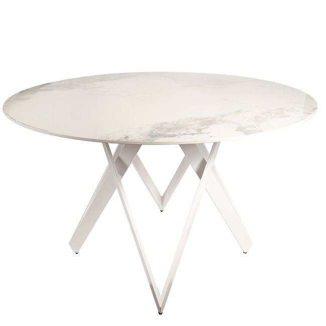 Larne Round Dining Table, Sintered Stone/Metal, White, Ø130×76 cm