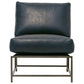Dark blue leather chair with metal legs on a white background