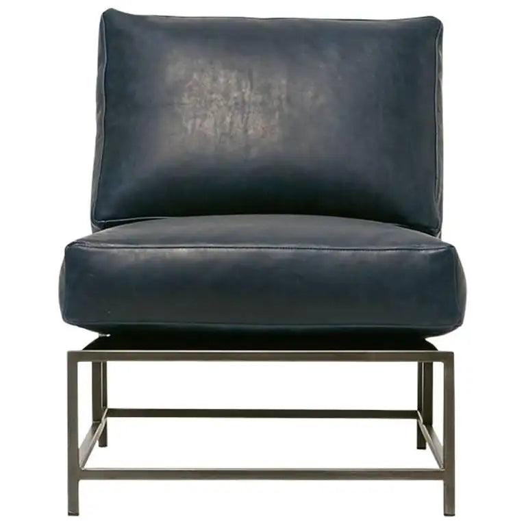 Dark blue leather chair with metal legs on a white background