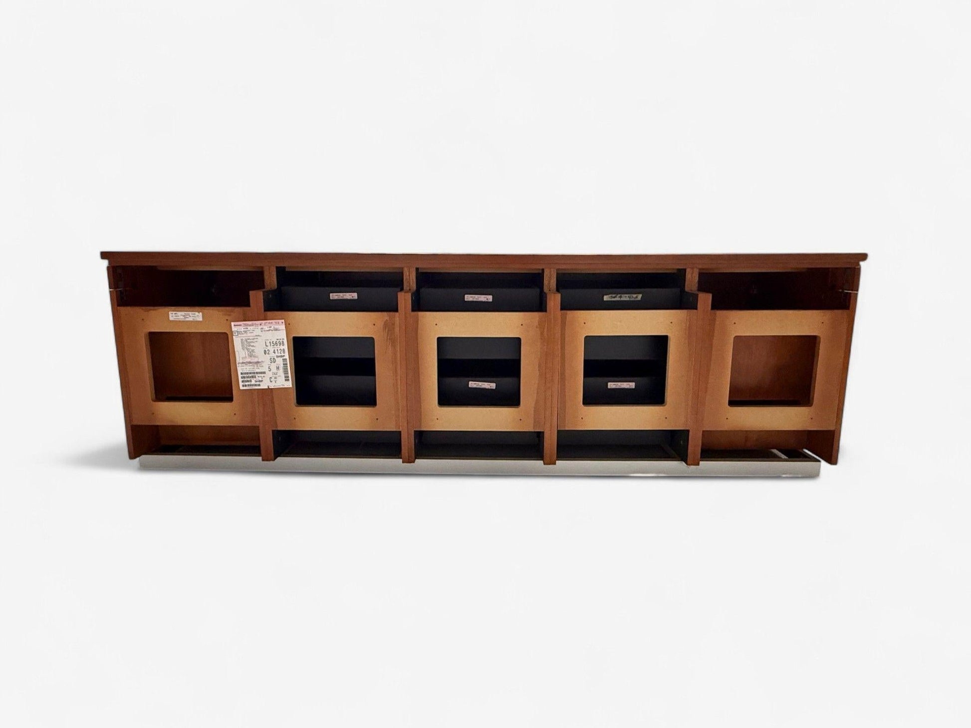 Wooden storage unit with multiple compartments on a white background