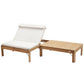 Wooden outdoor lounge chair with white cushion and matching ottoman on a white background