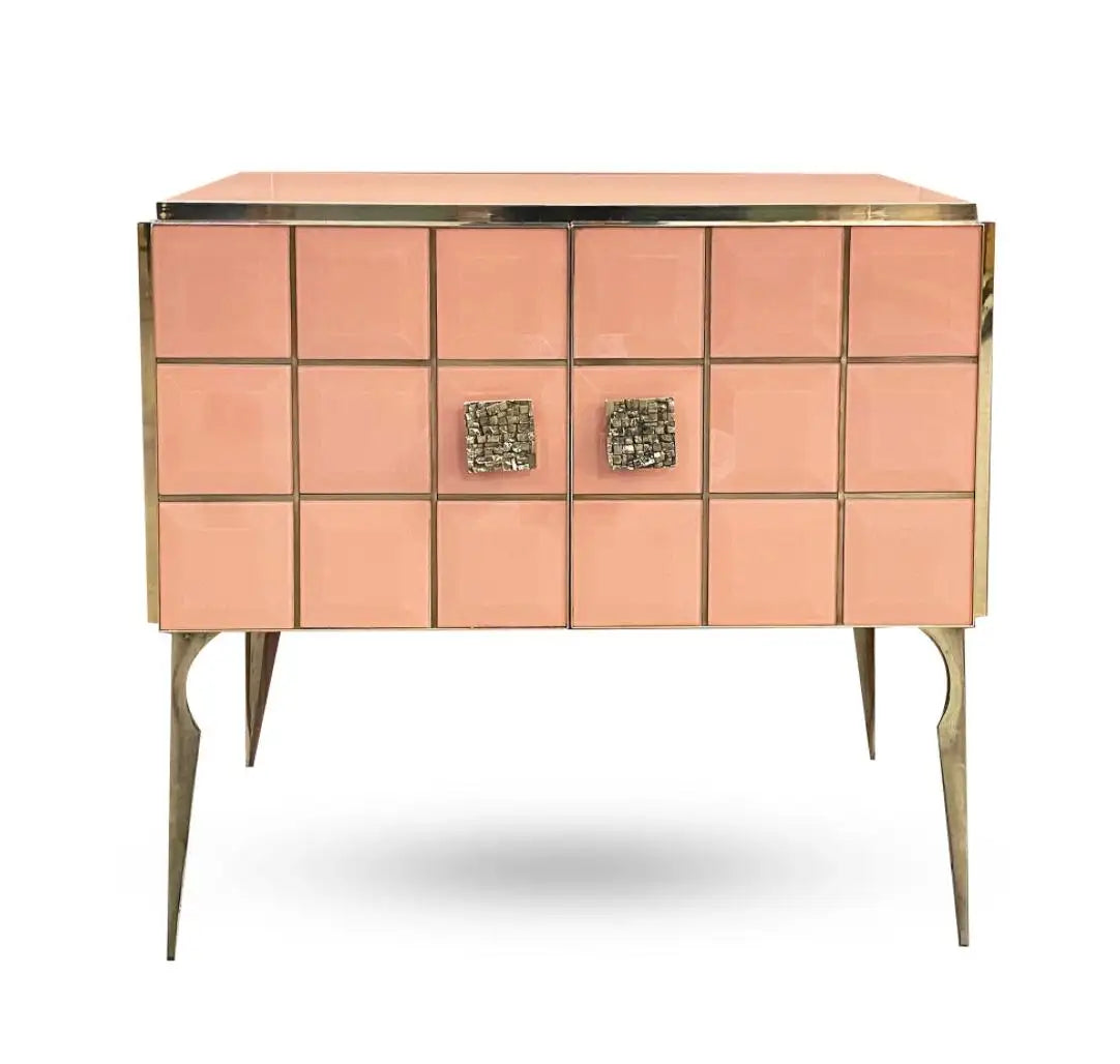 Bespoke Italian Metallic Emerald Blue Glass & Brass Dresser Sideboard