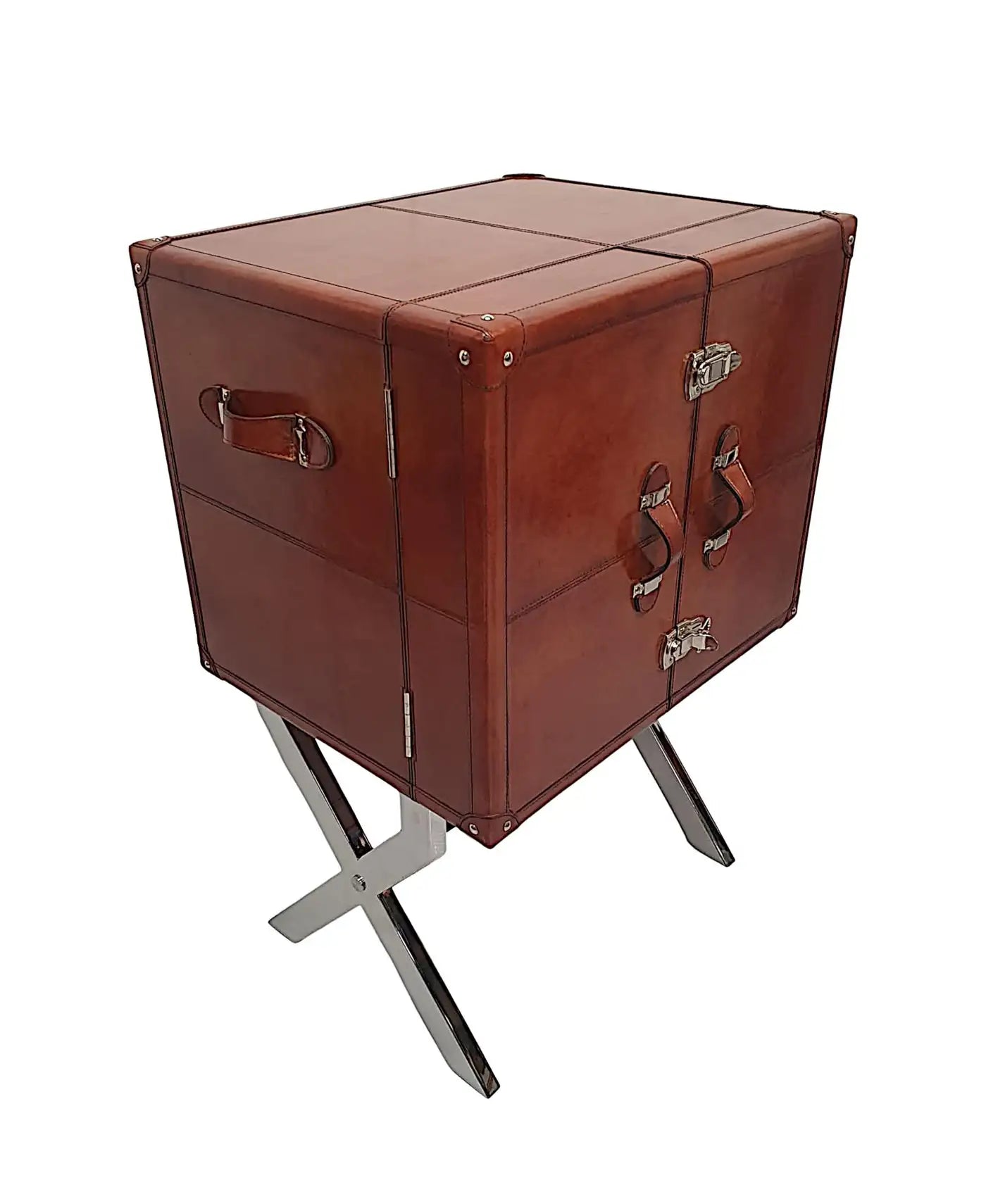 Brown leather suitcase on a metal stand against a white background