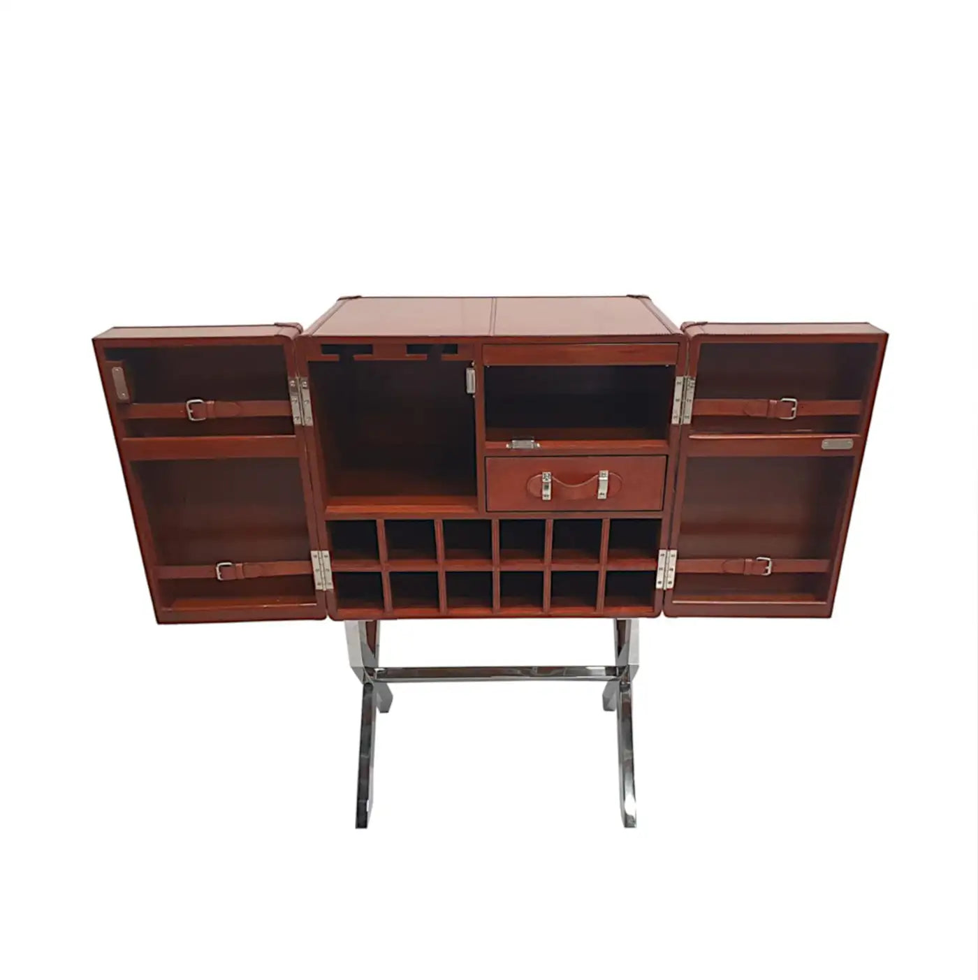 Wooden bar cabinet with open doors on a white background