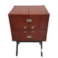 Brown leather side table with metal legs on a white background