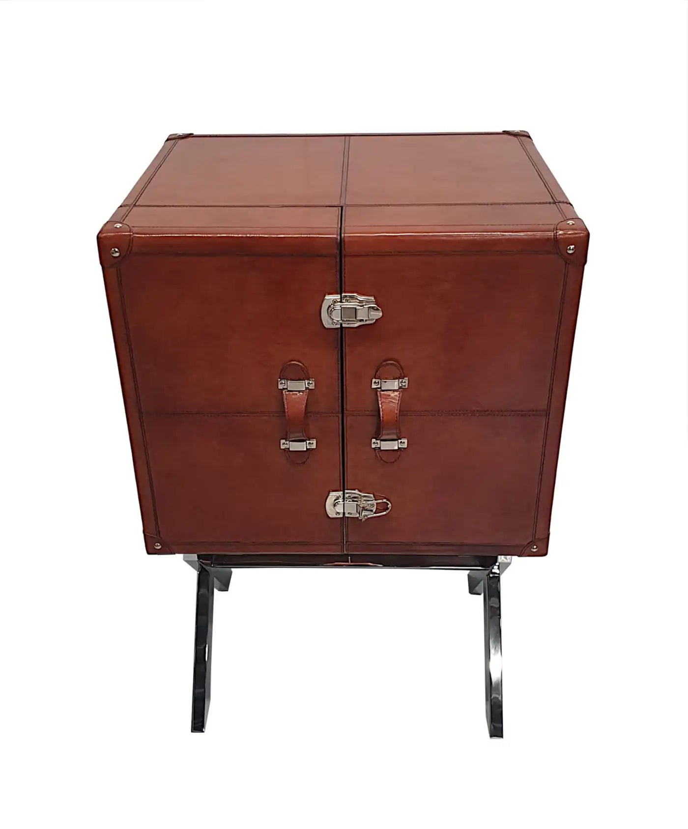 Brown leather side table with metal legs on a white background