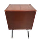 Brown leather side table with metal legs on a white background