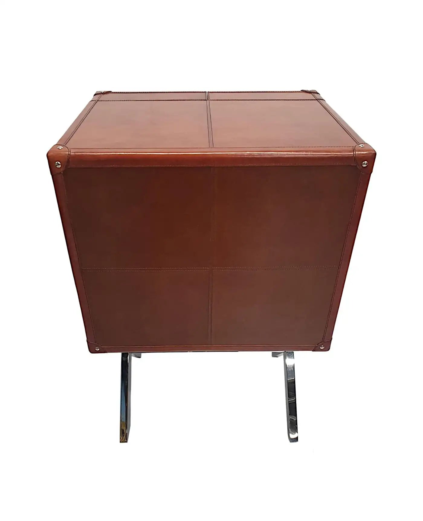 Brown leather side table with metal legs on a white background