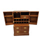 Wooden bar cabinet with open doors and drawers on a white background