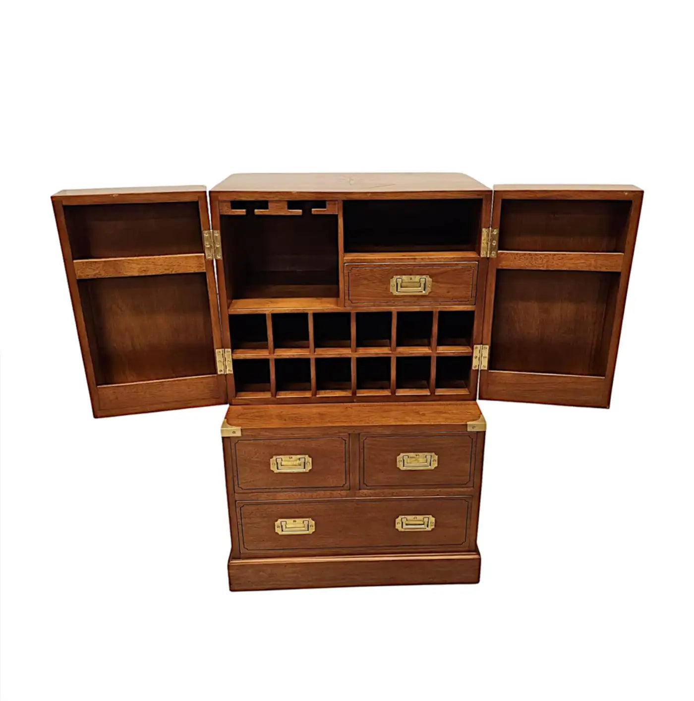 Wooden bar cabinet with open doors and drawers on a white background
