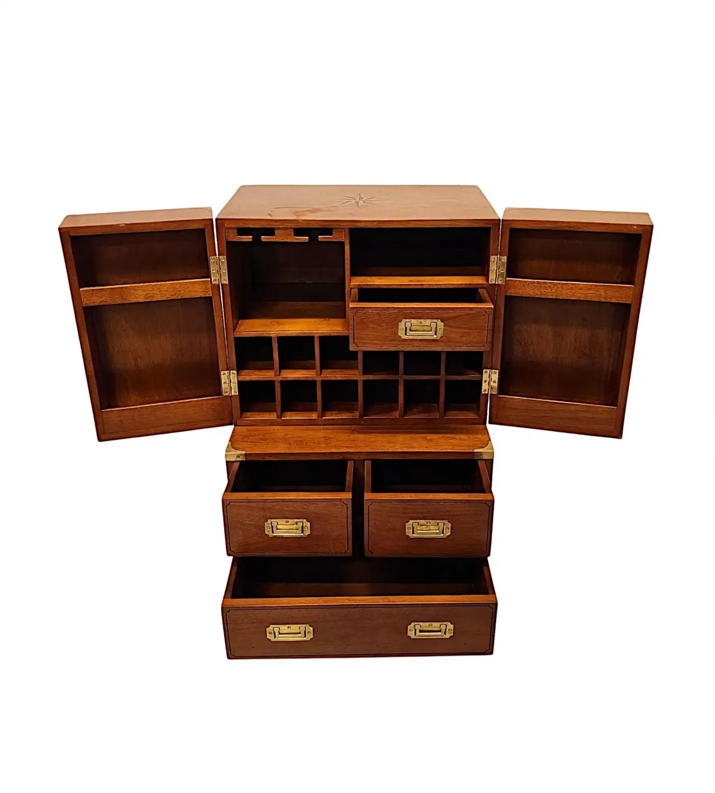 Wooden jewelry box with multiple compartments and drawers on a white background