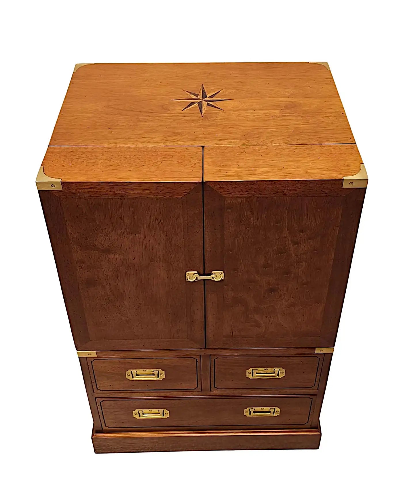 Wooden cabinet with star design on top and gold accents on a white background